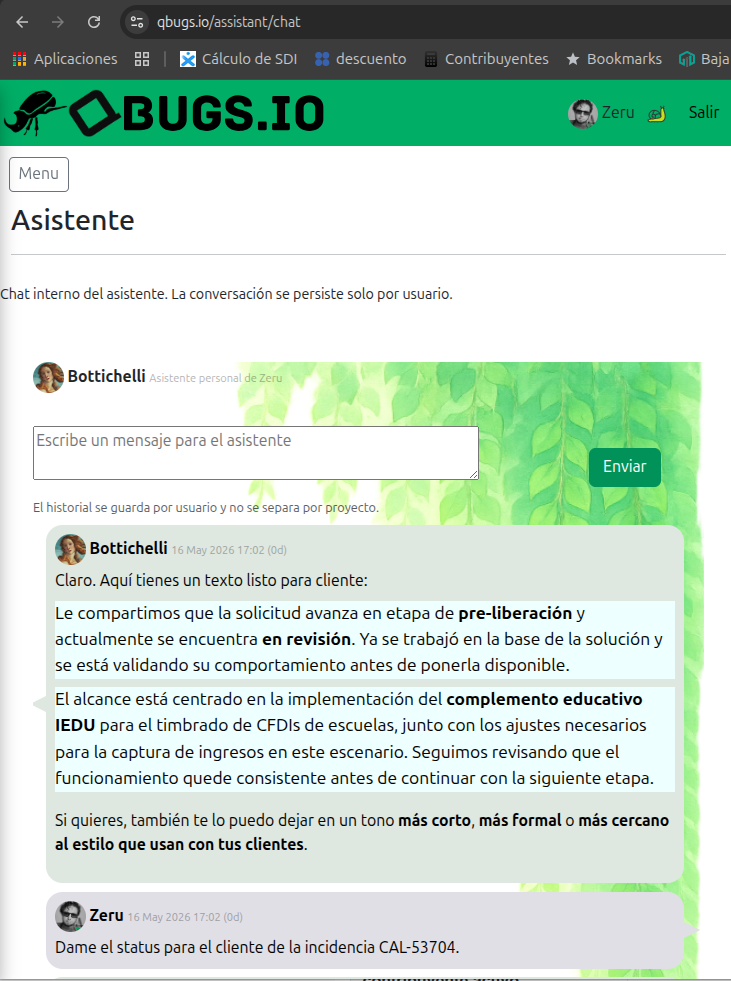 Bottichelli generando un status para cliente dentro de Qbugs.io