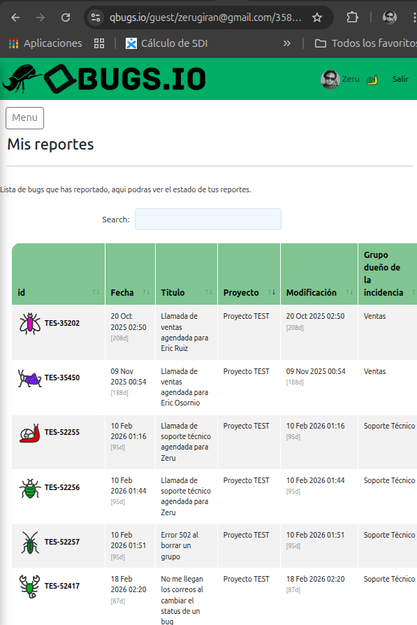 Pagina de seguimiento de incidencias para clientes